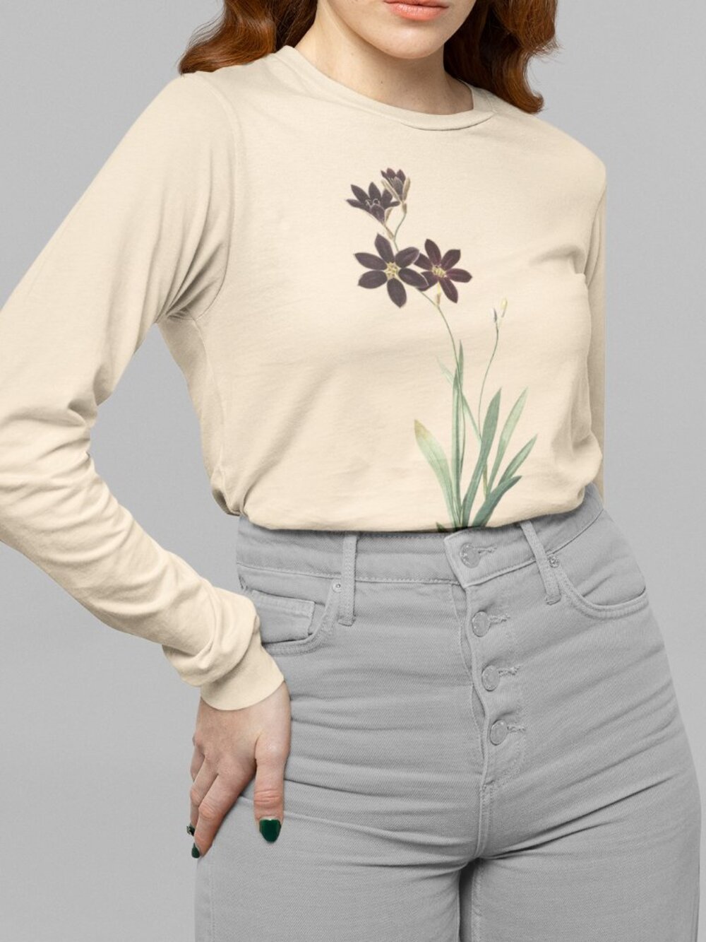 Large-Flowered Ixia Vintage Floral Print Long Sleeve Graphic Tee T-shirt S-XXL